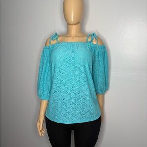 Michael Kors Turquoise Eyelet Cold-Shoulder Tie-Shoulder Blouse